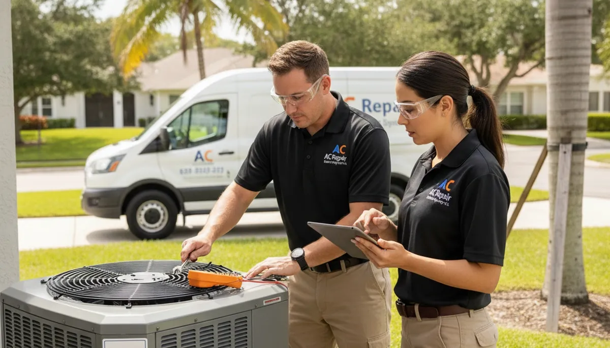Professional AC repair technician servicing air conditioner unit in Naples FL