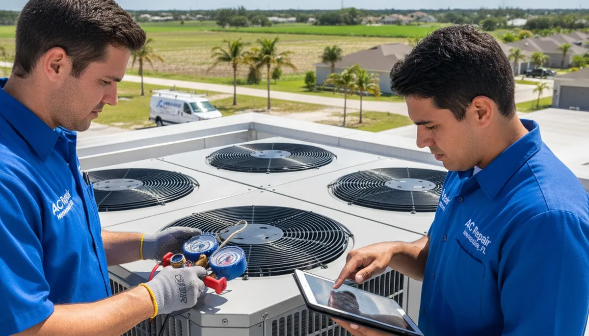 Professional AC repair technician servicing air conditioner unit in Naples FL home