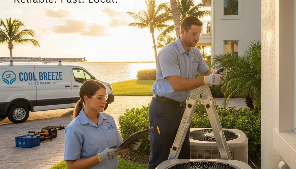 Professional AC repair technician servicing air conditioner in Naples FL home