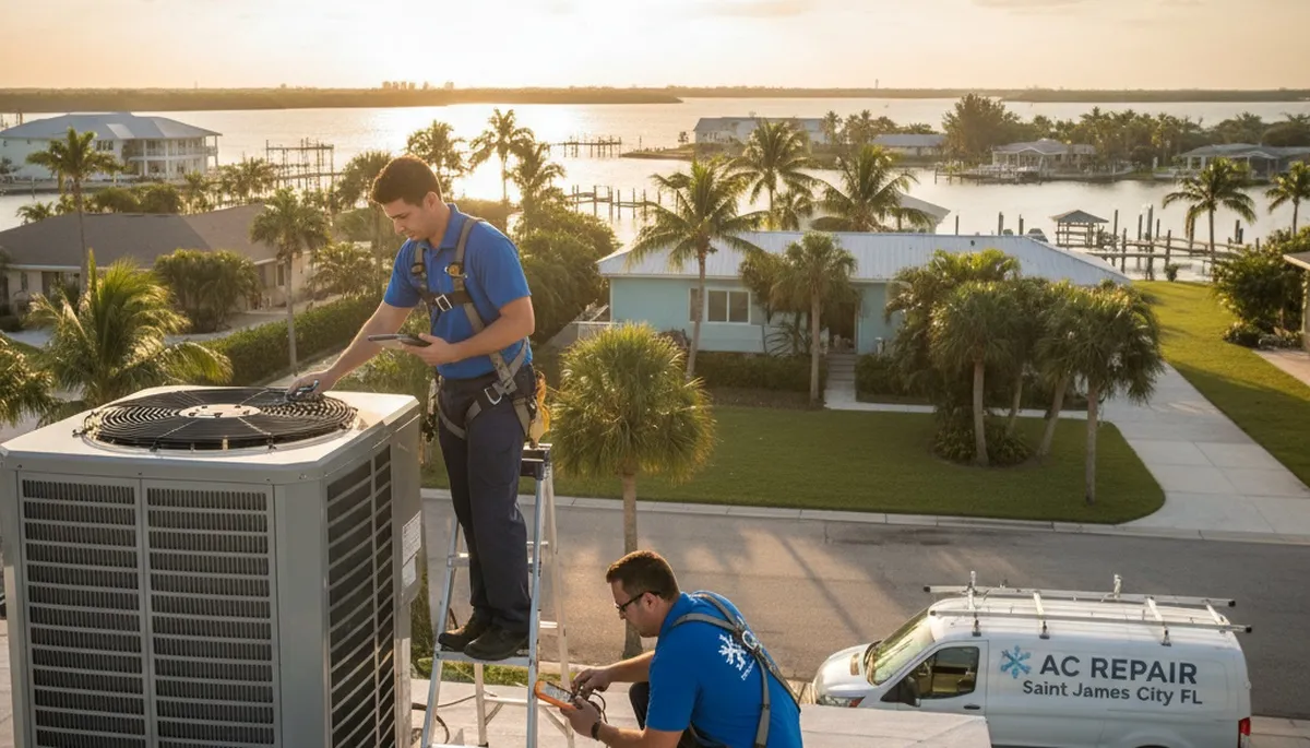 Professional AC repair technician servicing air conditioning unit in Naples, FL