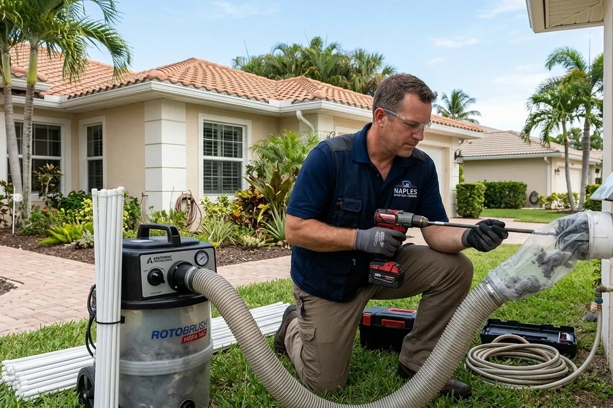 Technician performing professional dryer vent cleaning at Naples FL home for improved airflow and safety