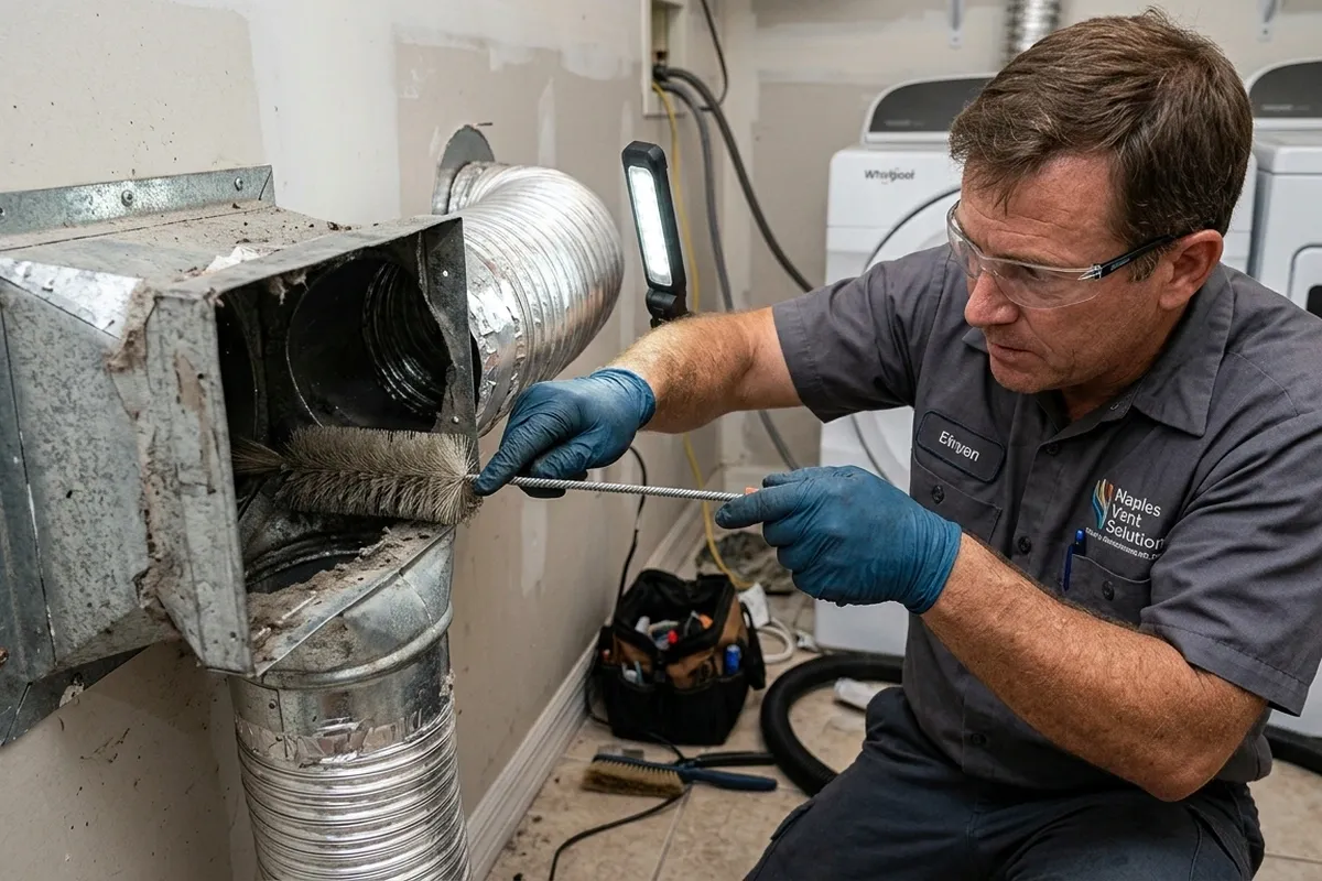 Technician performing precision dryer vent cleaning at Naples FL home for improved HVAC efficiency