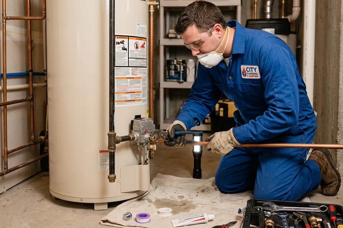 Technician performing professional water heater repair with tools in Naples, FL home